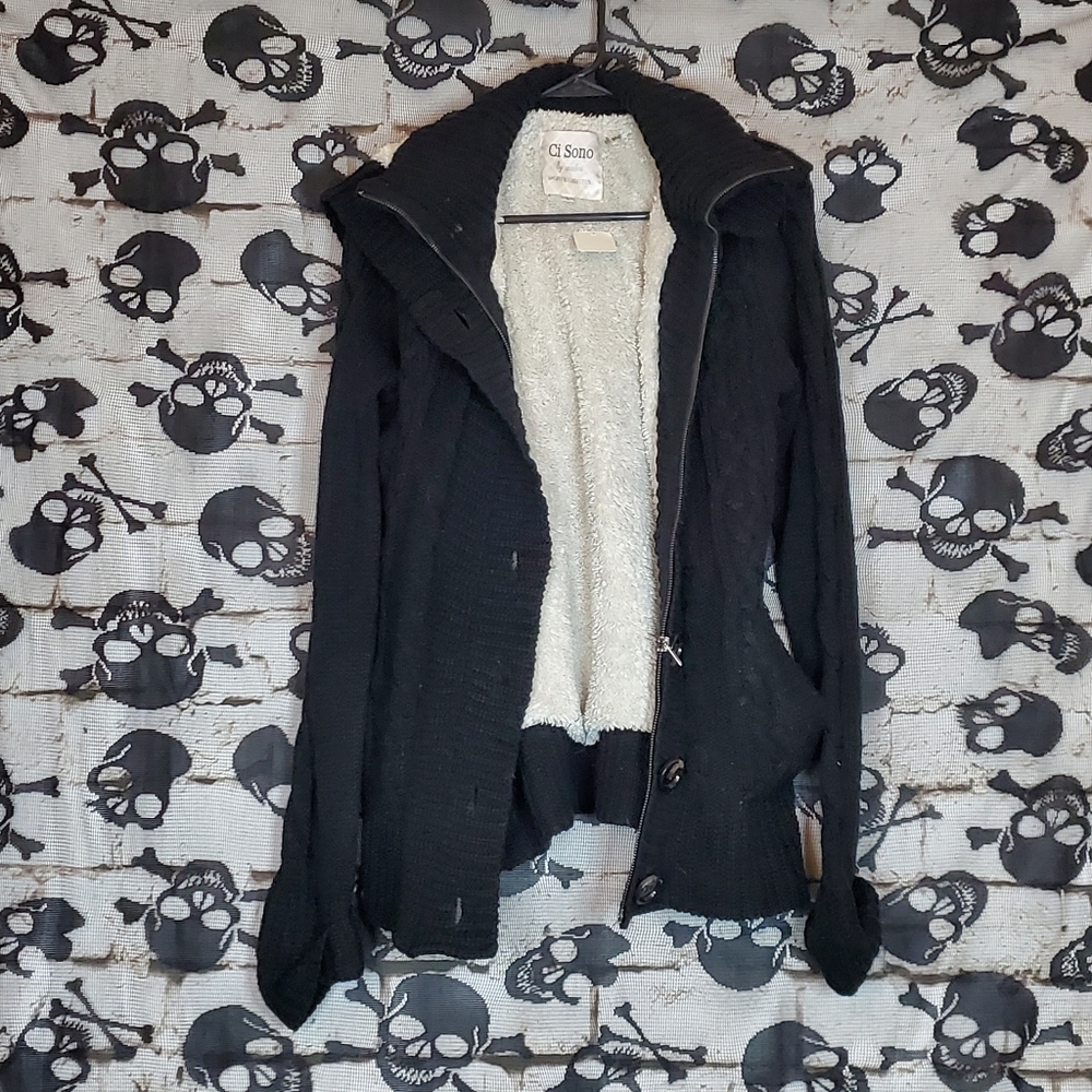 CI SONO BUTTON FRONT FLEECE LINED HOODED SWEATER